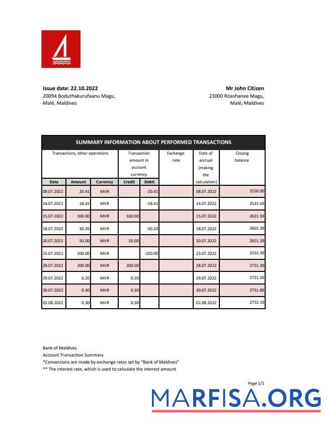 Blank Maldives Bank of Maldives bank statement excel sample